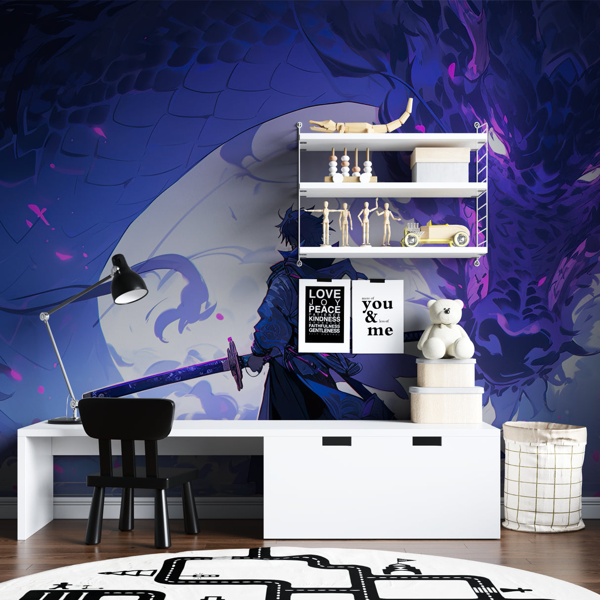 Anime Dragon Warrior wallpaper creating epic vibes in modern gaming room with blue LED lighting accents