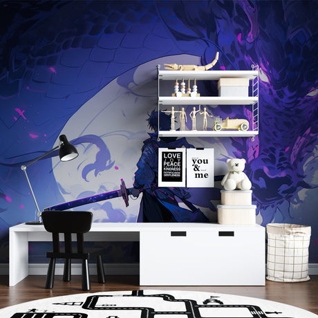 Anime Dragon Warrior wallpaper creating epic vibes in modern gaming room with blue LED lighting accents