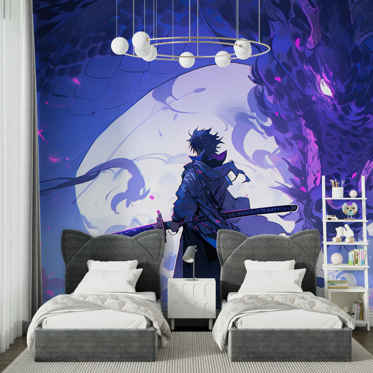 Mystical anime wallpaper installed in teen bedroom showing dramatic blue and purple tones