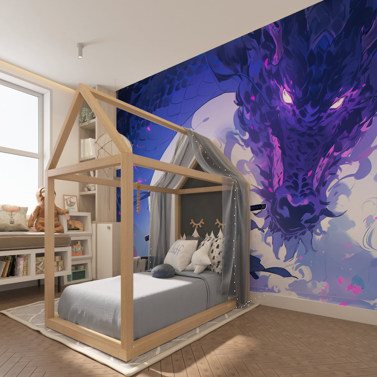 Japanese anime mural wallpaper displayed in contemporary study room with gaming setup