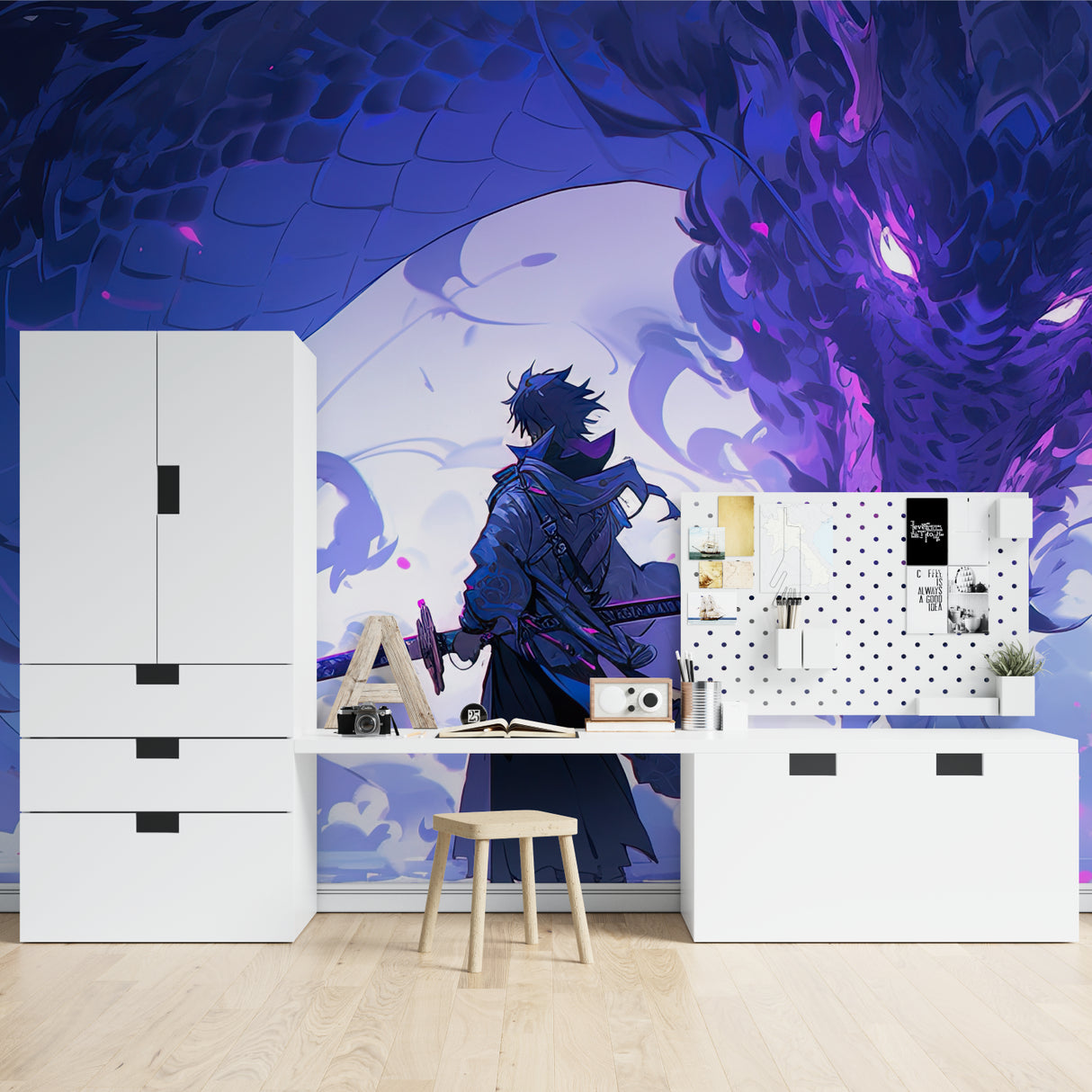 Anime fantasy mural bringing character to modern bedroom with desk setup