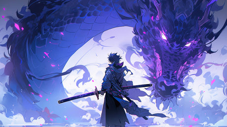 Design file of Mystical Dragon Warrior anime wallpaper showing intricate details and rich blue color palette