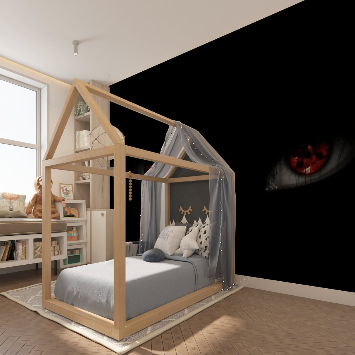 Red eyes anime wallpaper in streamer room with gaming setup