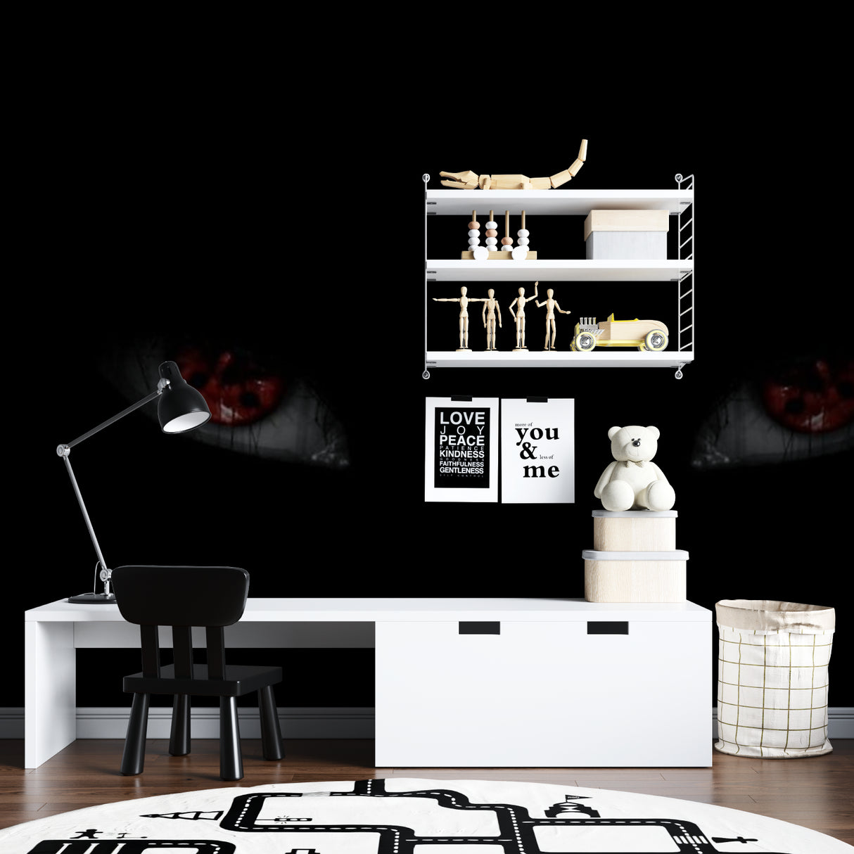 Anime mural wallpaper making statement in modern living room