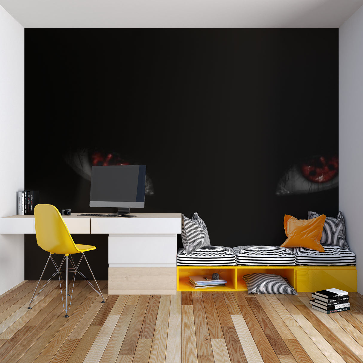 Black and red anime wallpaper in contemporary bedroom setting