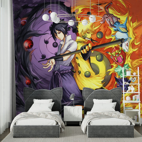 Anime battle mural wallpaper creating dynamic atmosphere in a modern gaming room setup