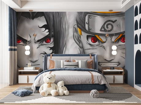 Naruto anime wallpaper mural styled in a modern gaming room with LED lighting