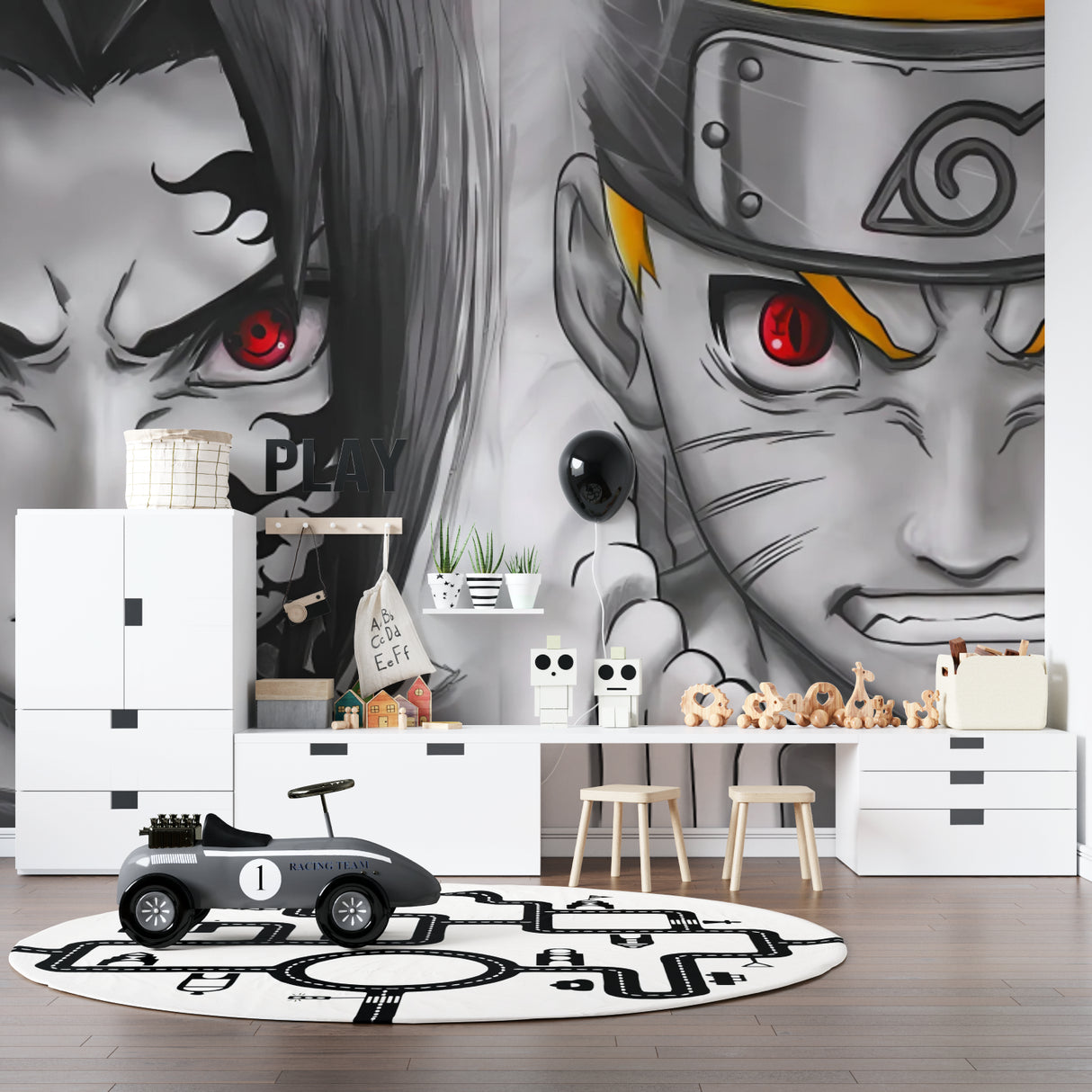 Dramatic black and red Naruto wall mural in a teen bedroom setting