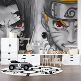 Dramatic black and red Naruto wall mural in a teen bedroom setting