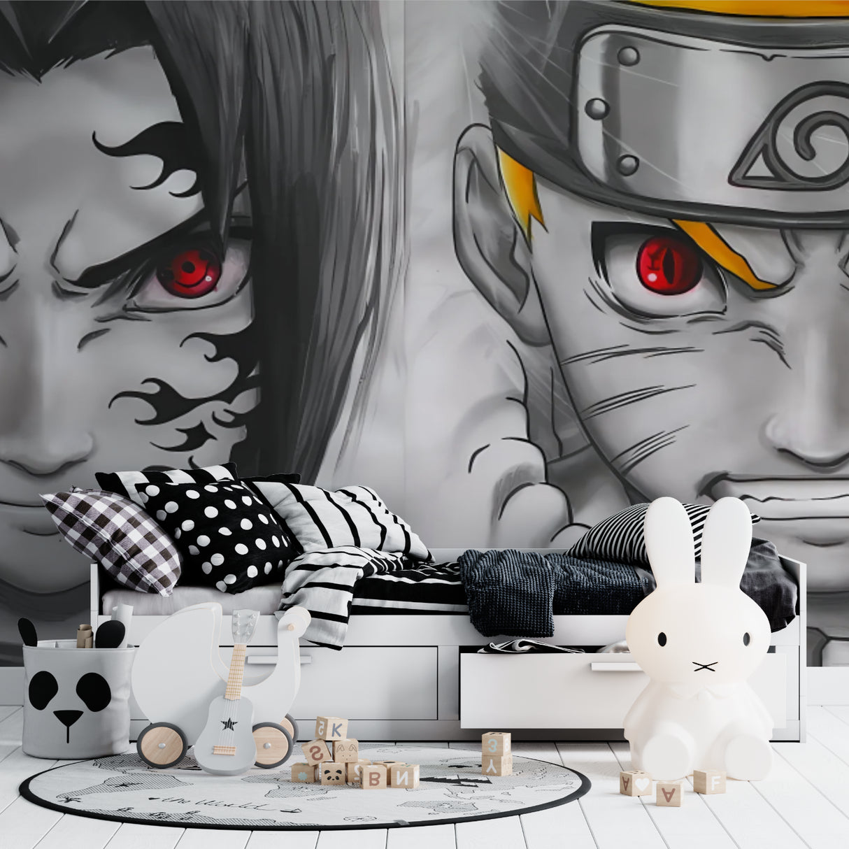 Manga wallpaper featuring Naruto characters displayed in a stylish entertainment room