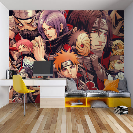 Naruto anime wallpaper mural displayed in a modern gaming room with LED lighting
