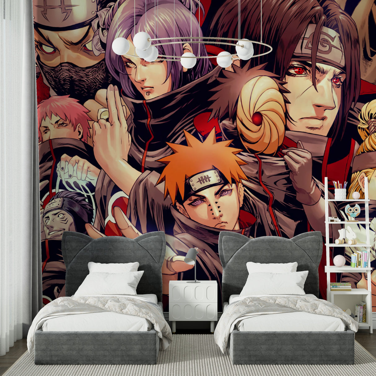 Teen bedroom featuring dynamic Naruto character wall mural above gaming setup