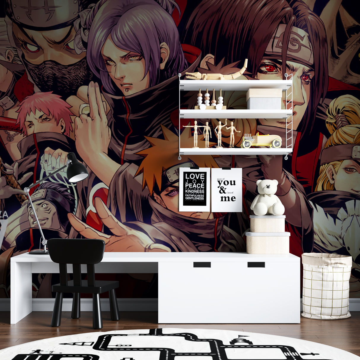 Anime wall mural installation in entertainment room showing vibrant character details