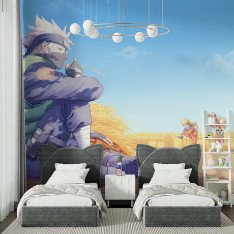 Anime Ninja Hero wallpaper mural styled in modern teen bedroom with gaming setup