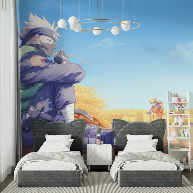 Anime Ninja Hero wallpaper mural styled in modern teen bedroom with gaming setup
