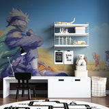Japanese anime wall mural featuring ninja warrior in cozy reading nook