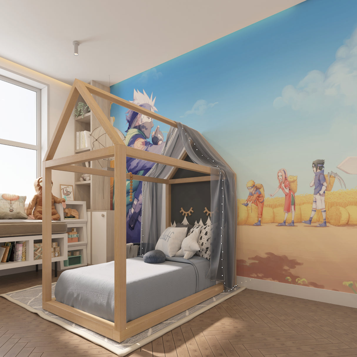 Ninja anime mural creating impact in minimalist gaming room