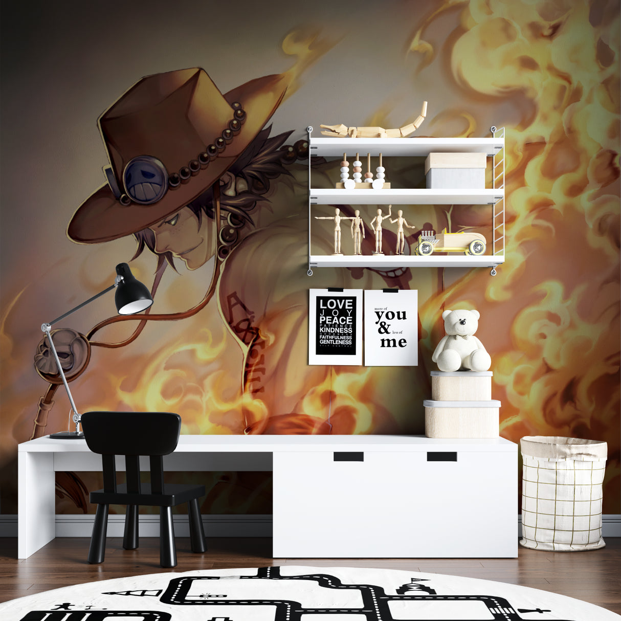 One Piece anime wallpaper mural styled in modern teen bedroom showing dramatic fire effects
