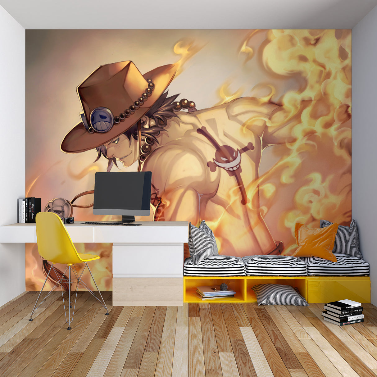 Manga wall mural installation in stylish home office showing fire effects