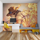 Manga wall mural installation in stylish home office showing fire effects