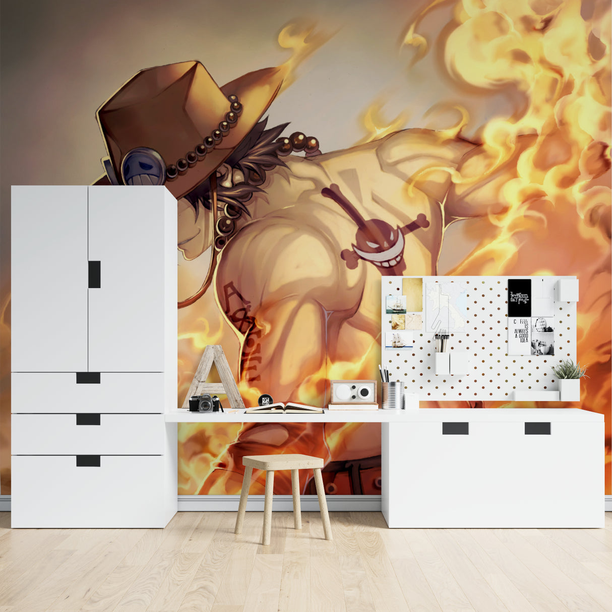 Anime fire mural displayed in entertainment room with dramatic lighting