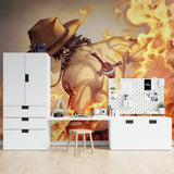 Anime fire mural displayed in entertainment room with dramatic lighting