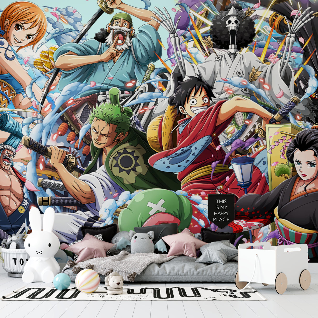One Piece anime wallpaper mural bringing excitement to a modern teen bedroom with LED lighting effects