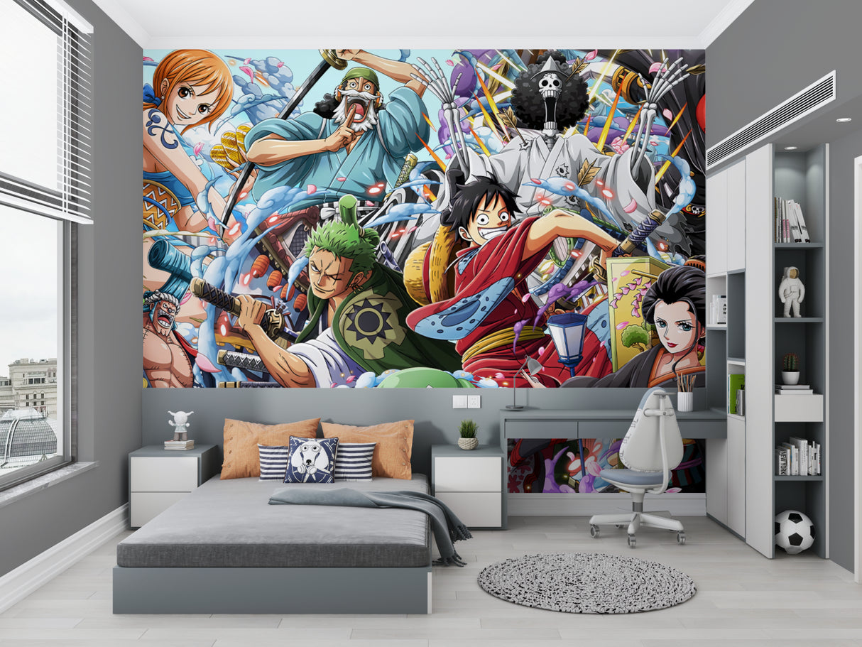 Anime mural wallpaper creating an immersive atmosphere in a collector's display room