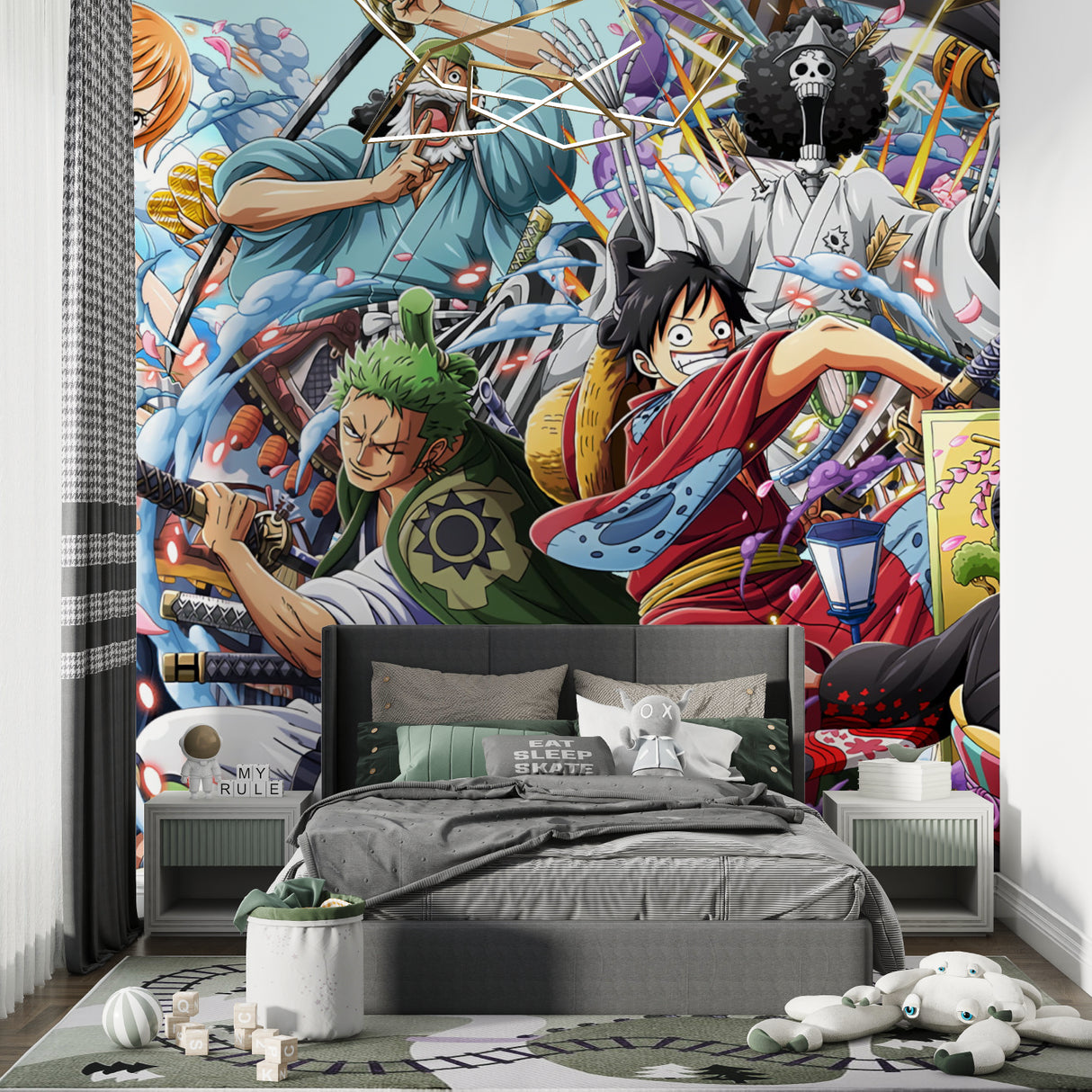 Japanese anime wall art making a bold statement in a modern home office setup