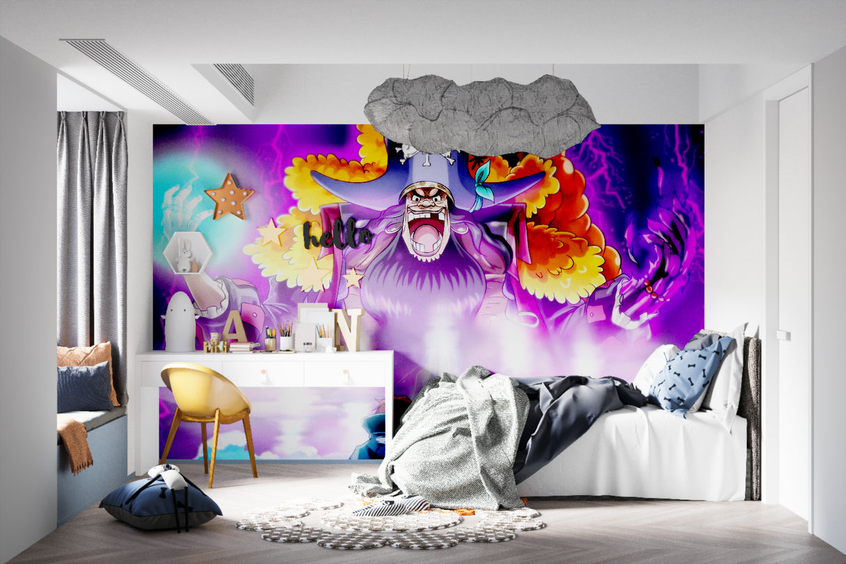 One Piece anime wallpaper mural bringing bold energy to a modern gaming room setup