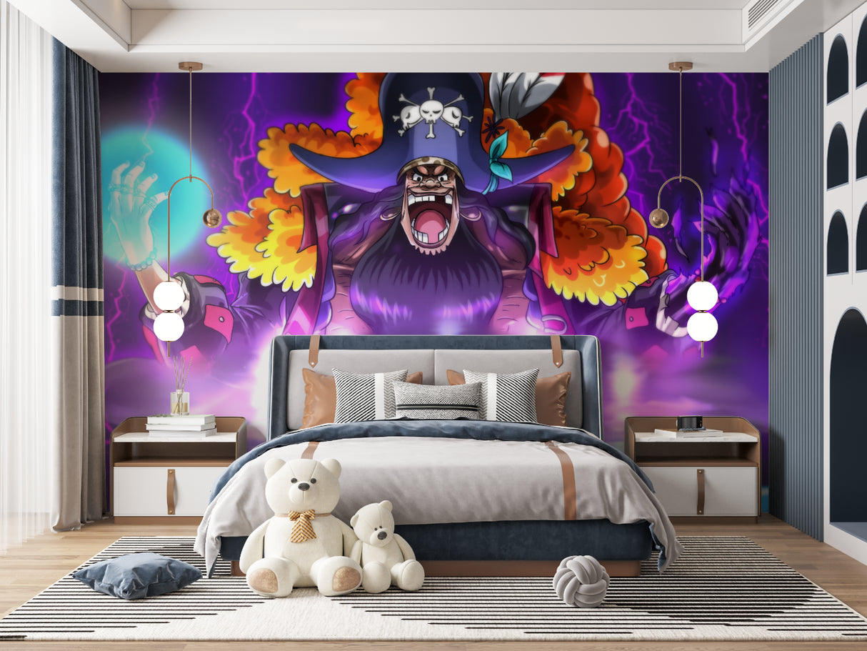 Dramatic anime wall mural transforming a teen bedroom with vibrant battle scene