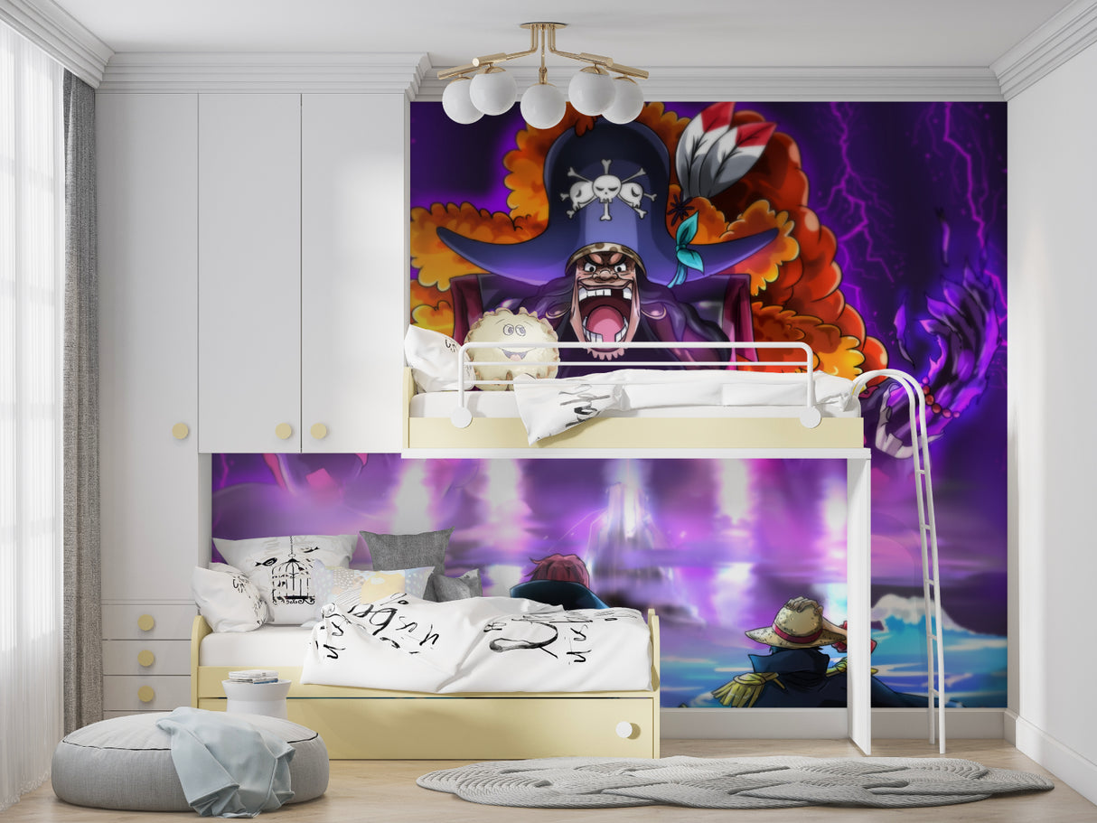 One Piece battle mural creating an epic atmosphere in a fan's collection room