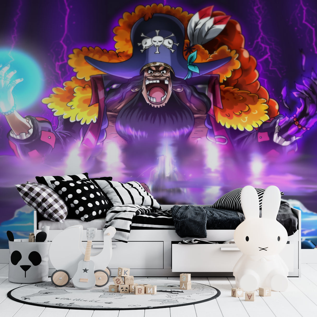 Anime battle scene mural adding character to a contemporary study room