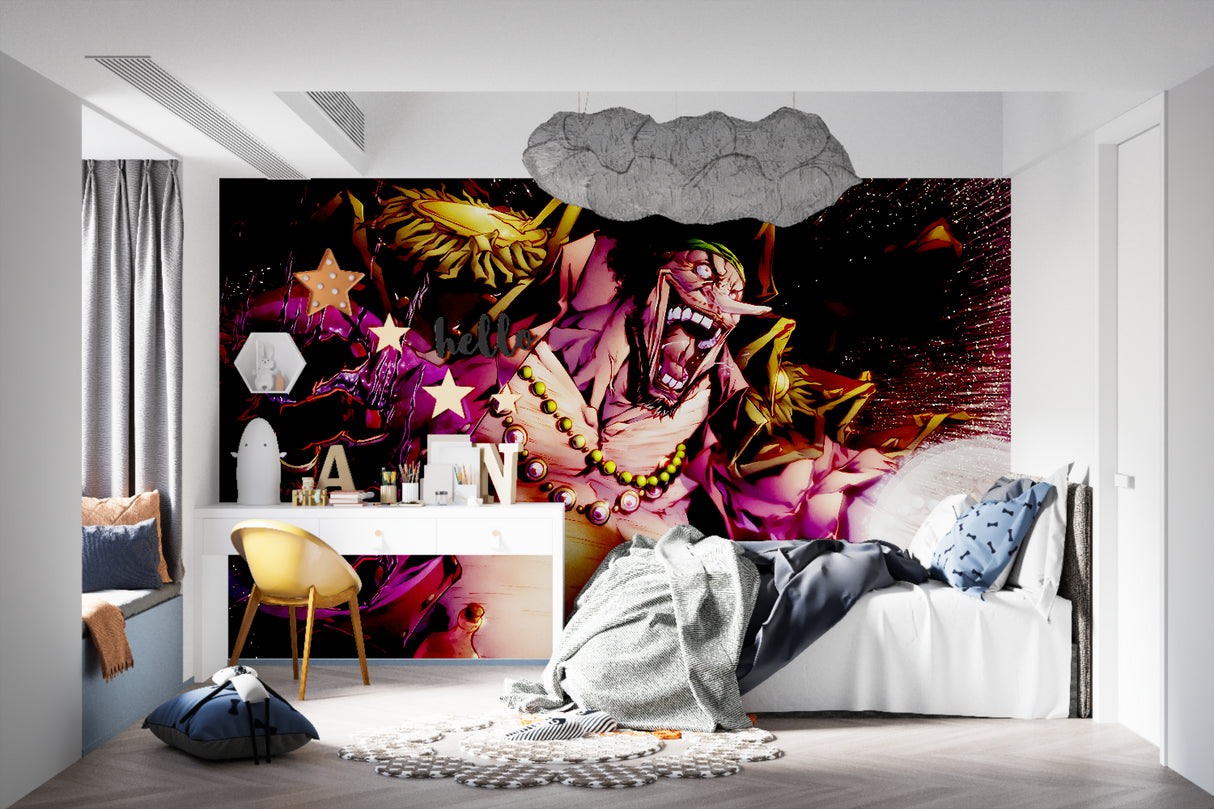 One Piece anime wallpaper bringing bold energy to a modern teen bedroom with purple and gold accents