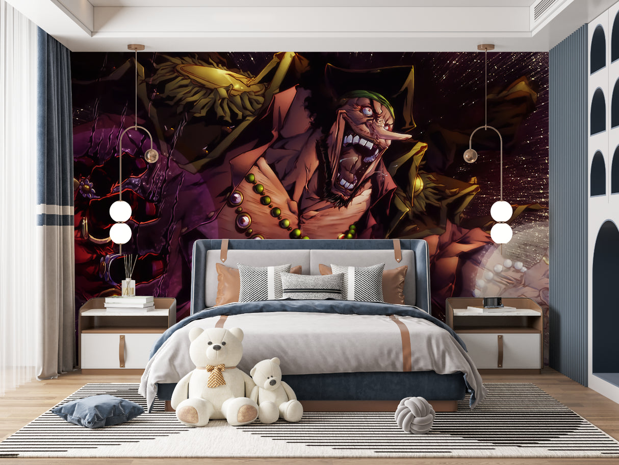 Manga wall mural showcased in a gaming room with dramatic lighting effects