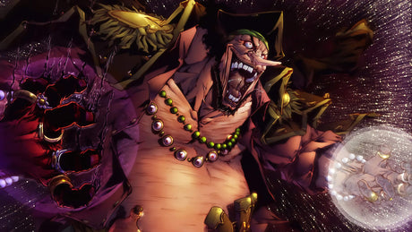 Design file of One Piece Blackbeard anime wallpaper with rich purple and gold color scheme