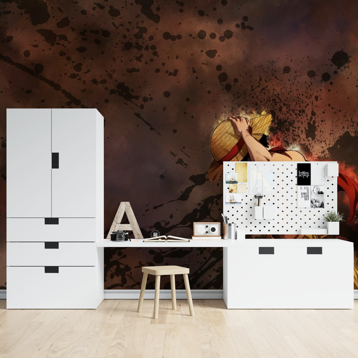 Manga wall mural creating an artistic focal point in a teen bedroom with warm brown tones