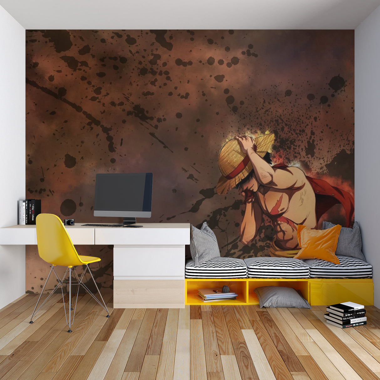 Anime mural wallpaper adding character to a living room with golden-brown artistic elements