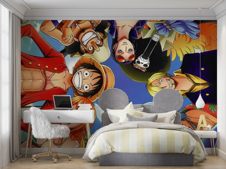 One Piece anime wallpaper bringing energy to a modern teen bedroom with blue and red accents