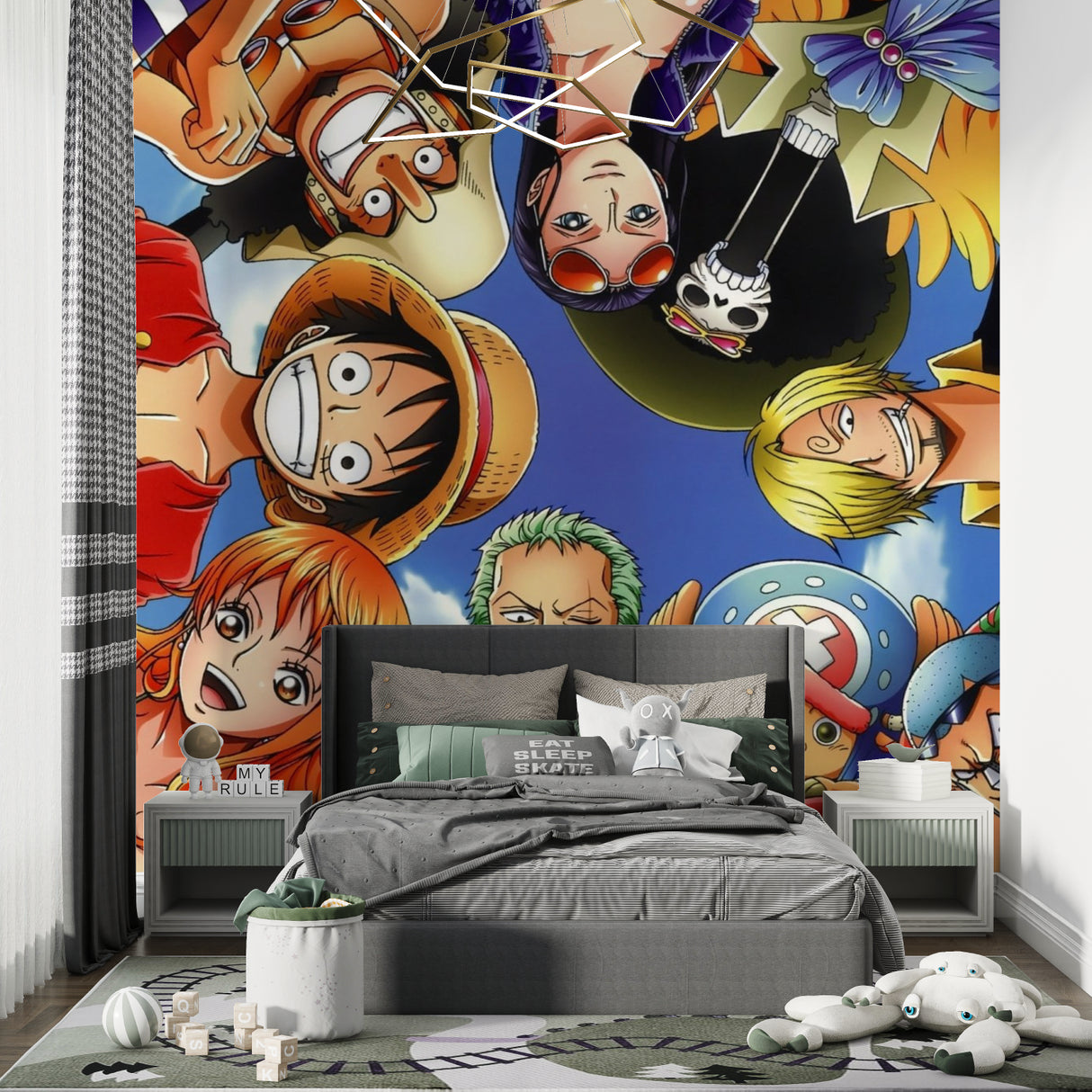 Manga wall mural showcased in a gaming room with LED lighting setup