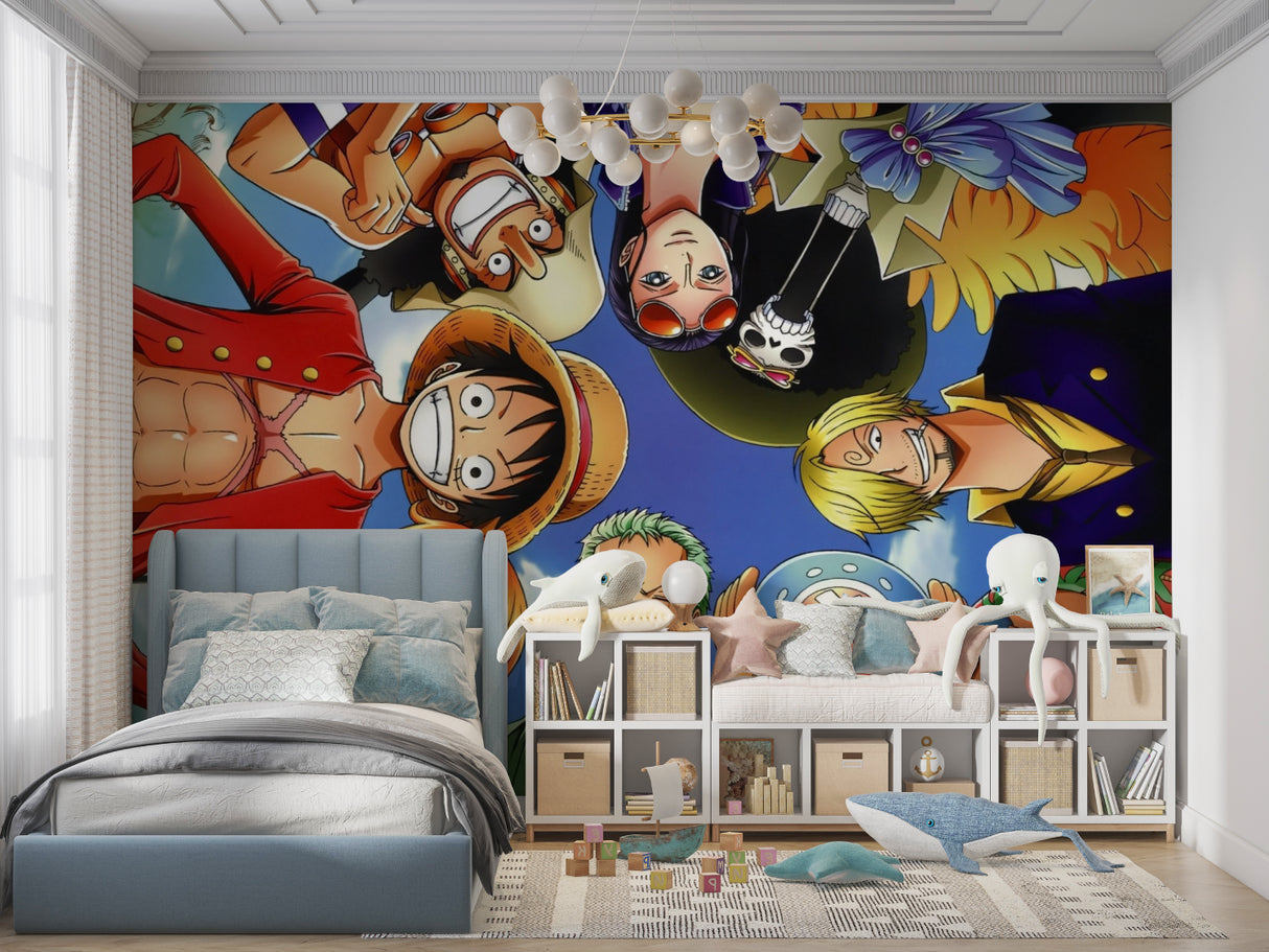 One Piece characters mural making a statement in a fan's collection room