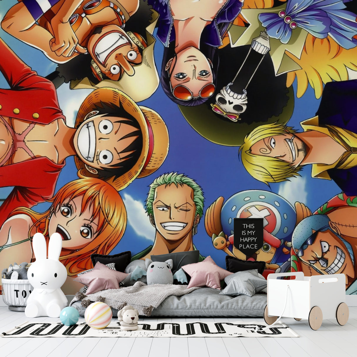 Anime wall art transforming a study space with dynamic character design