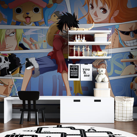 One Piece anime wallpaper creating a bold statement wall in a modern teen bedroom with gaming setup