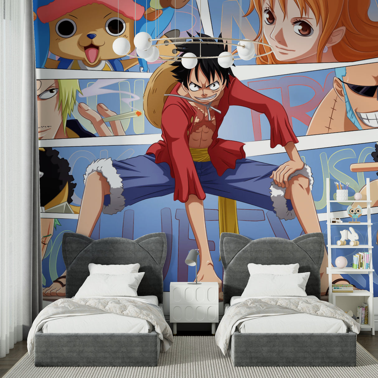 Manga wall mural showcasing One Piece characters in a stylish gaming room with LED lighting