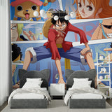 Manga wall mural showcasing One Piece characters in a stylish gaming room with LED lighting