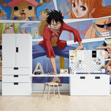 Japanese anime wallpaper transforming a study space with vibrant One Piece artwork