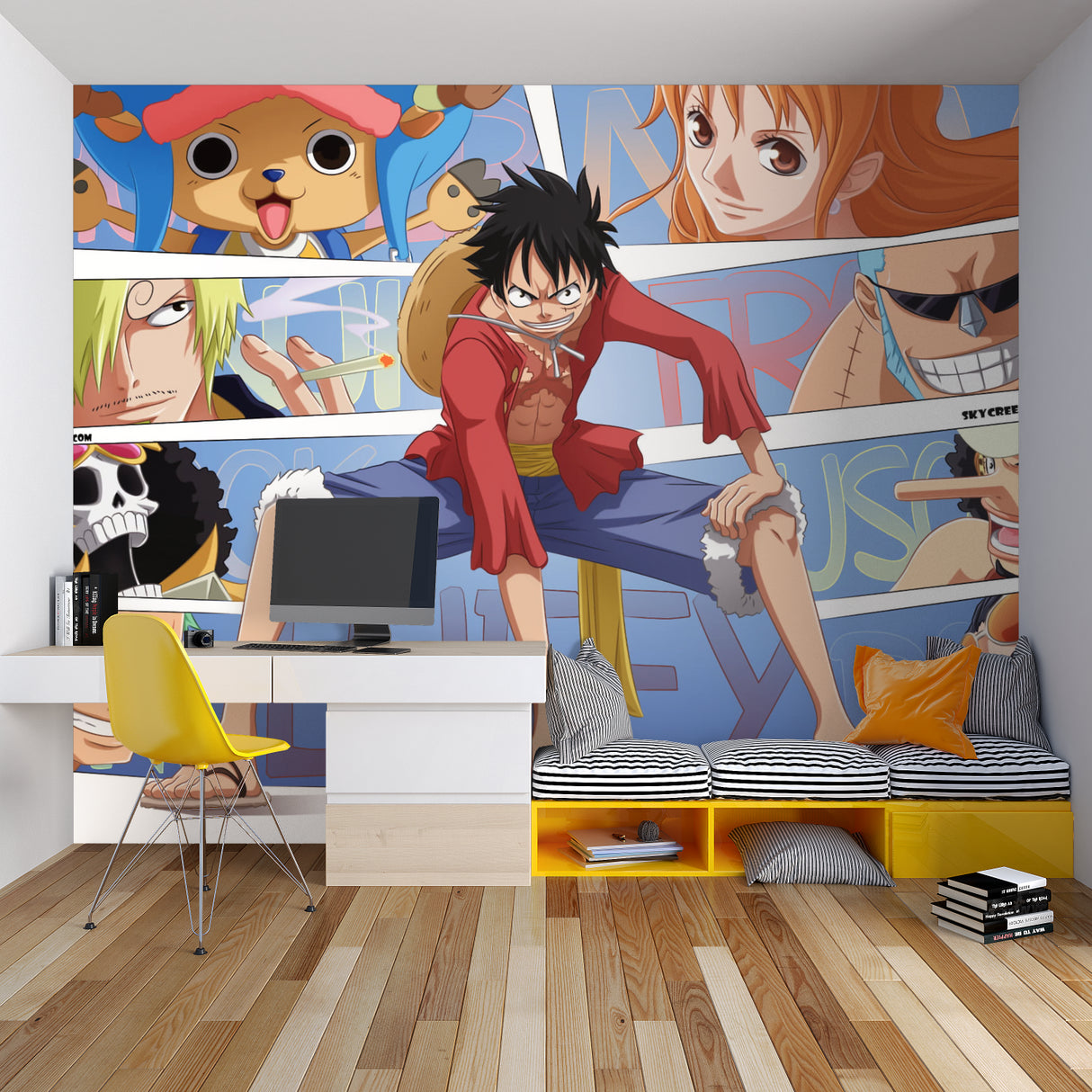 One Piece mural wallpaper making a statement in a contemporary entertainment room