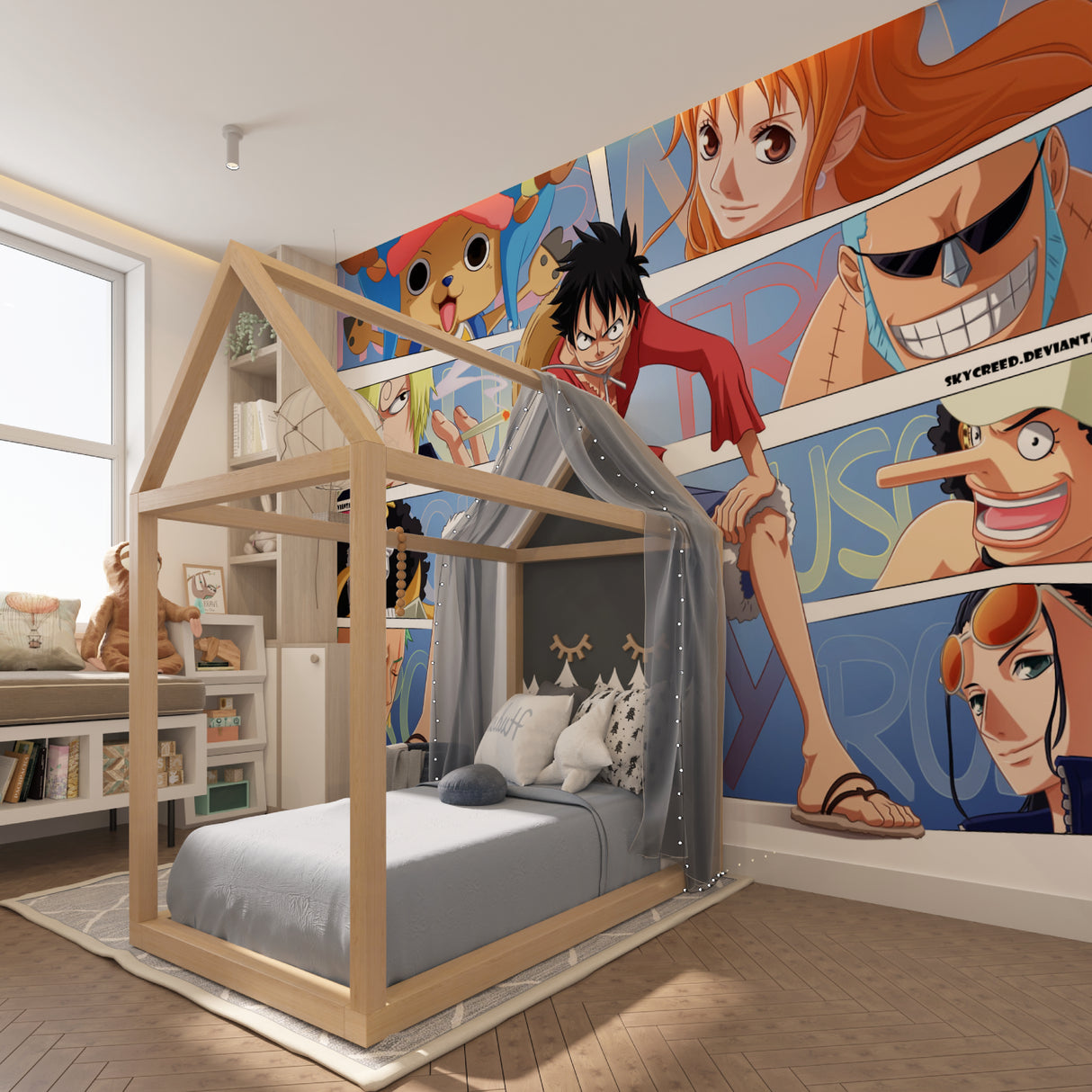Anime wall mural bringing character to a fan's collection room with dramatic lighting