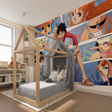Anime wall mural bringing character to a fan's collection room with dramatic lighting