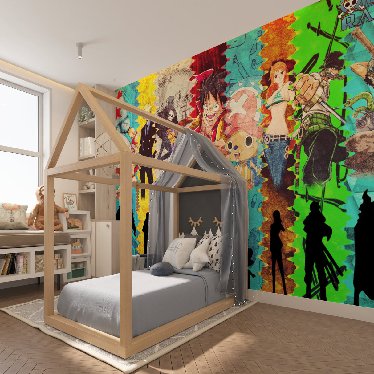 One Piece anime wallpaper mural bringing vibrant energy to a modern gaming room setup